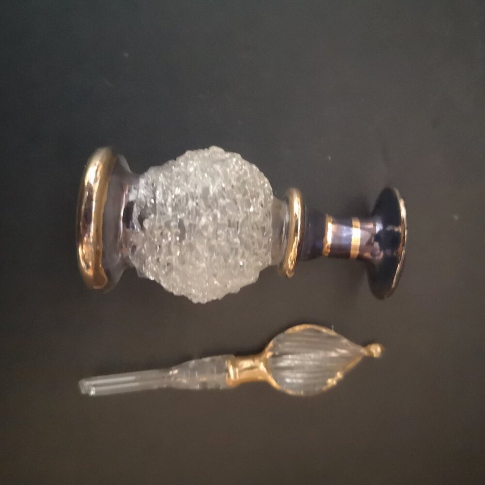 Hand Painted Perfume Bottle & Stopper Clear Textured Glass w/ Gold Tones 4" - Picture 2 of 2